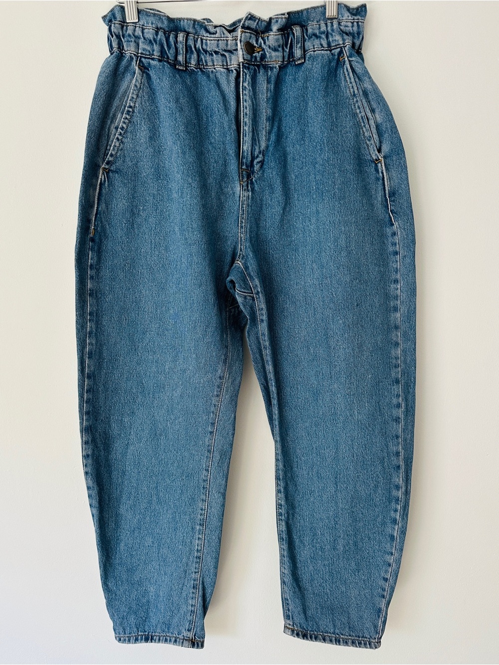 Zara High Waisted Paperbag Denim Jeans Medium Wash Tapered Mom Pants Womens US 8
